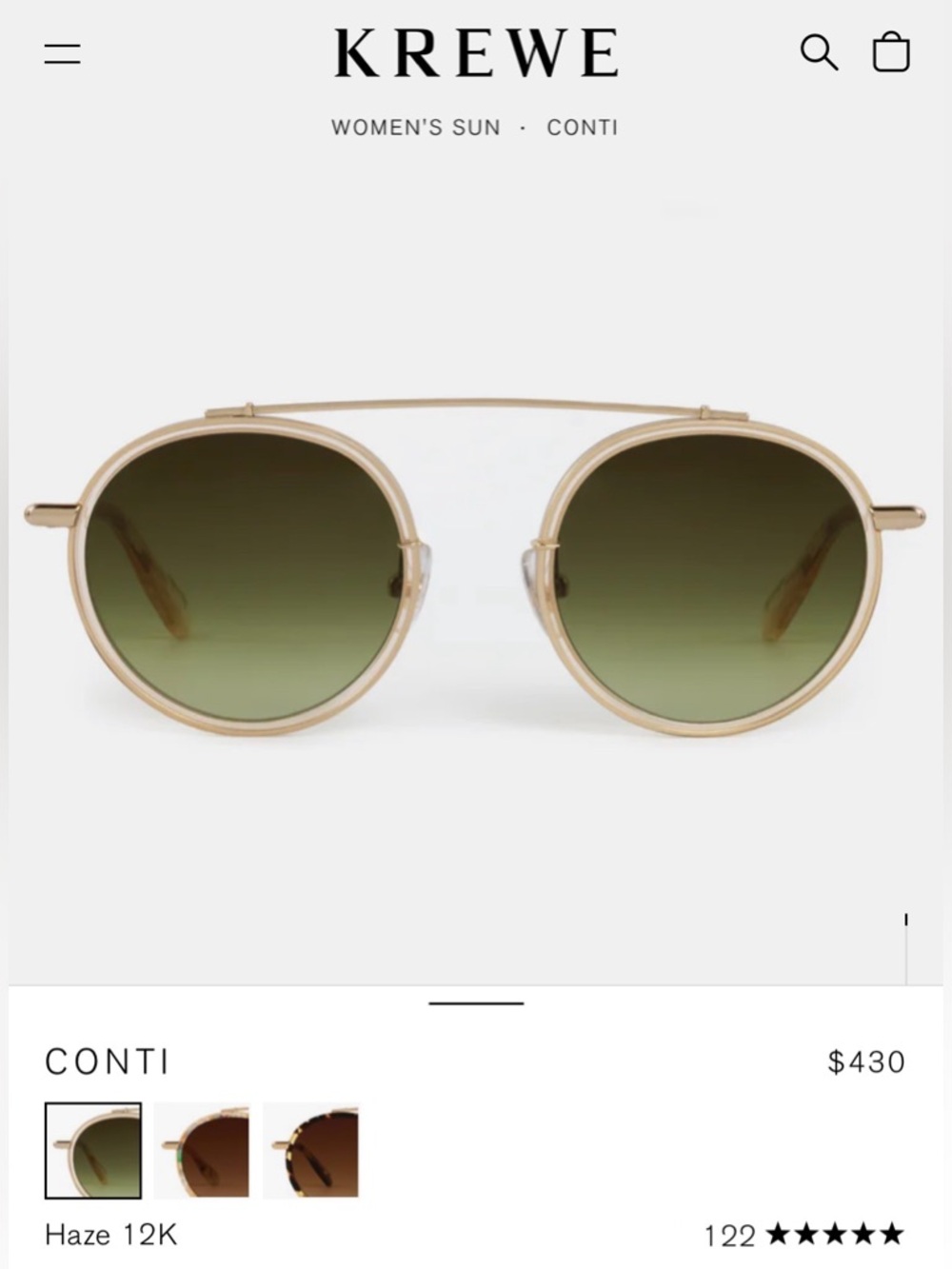 KREWE Conti Round Sunglasses in haze 12k (Gold with Green Lenses)
